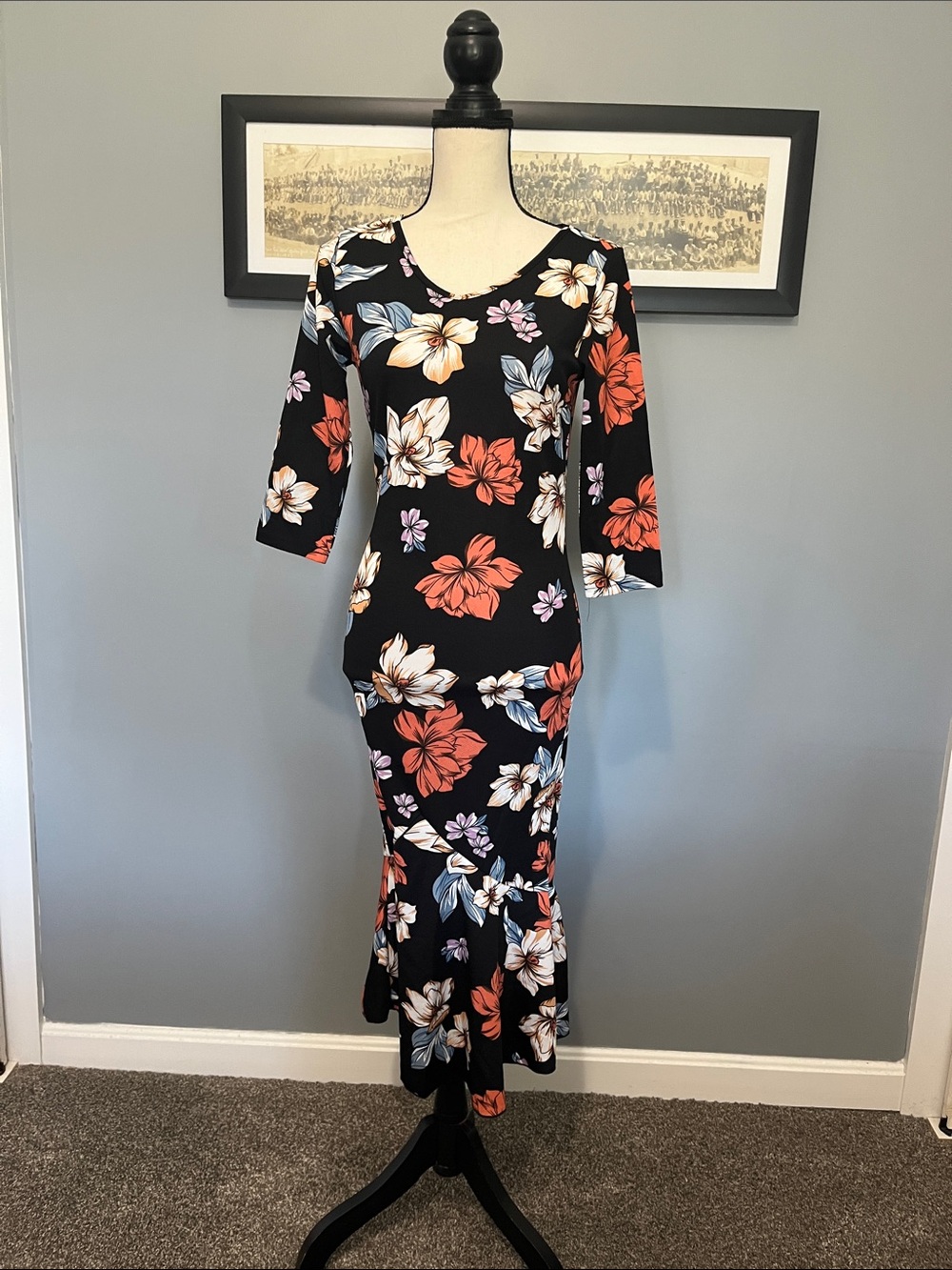 SHEIN Black Midi Dress with Coral, White & Blue Floral Print